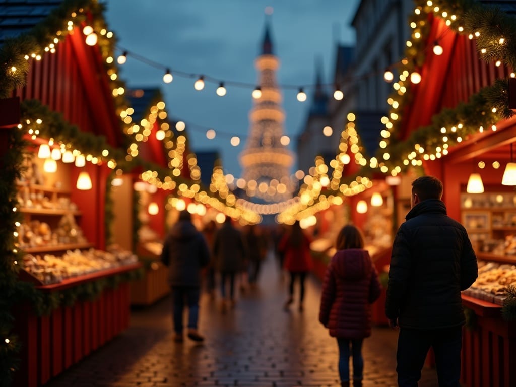 Vlaamse familie op een kerstmarkt in het VK met lichtjes en decoraties
