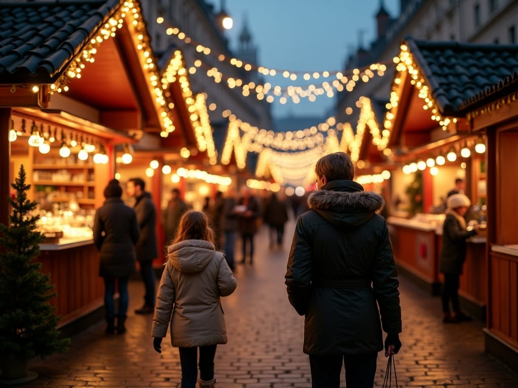Vlaams gezin bezoekt gezellige kerstmarkt in Londen bij avondlicht