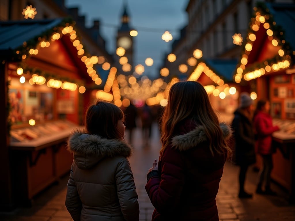 Gezin bezoekt kerstmarkt in het VK met feestverlichting in de avond