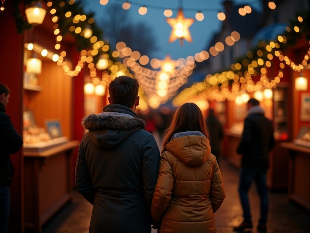 Gezin geniet van een avond op een Britse kerstmarkt vol lichtjes