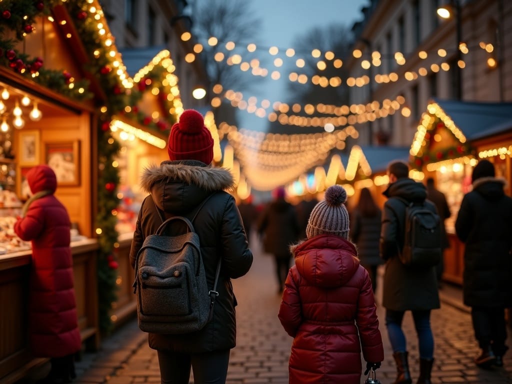 Familie geniet van kerstmarkt in Londen met lichtjes en kraampjes