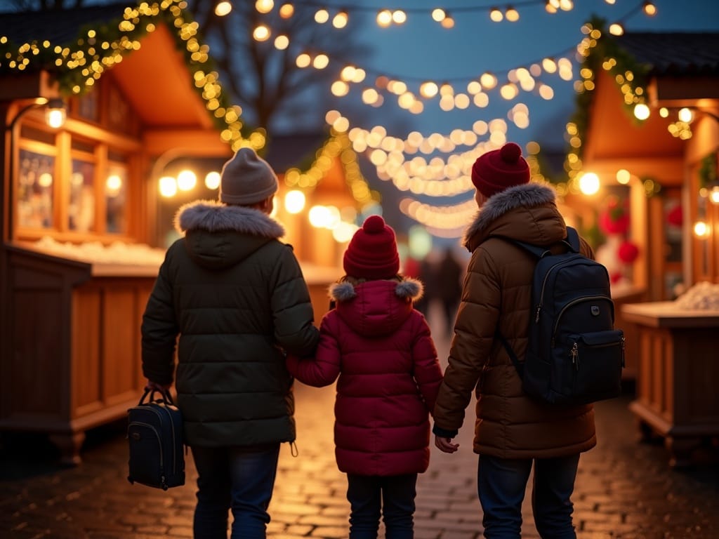 Vlaamse familie bezoekt kerstmarkt in het Verenigd Koninkrijk bij avondlicht