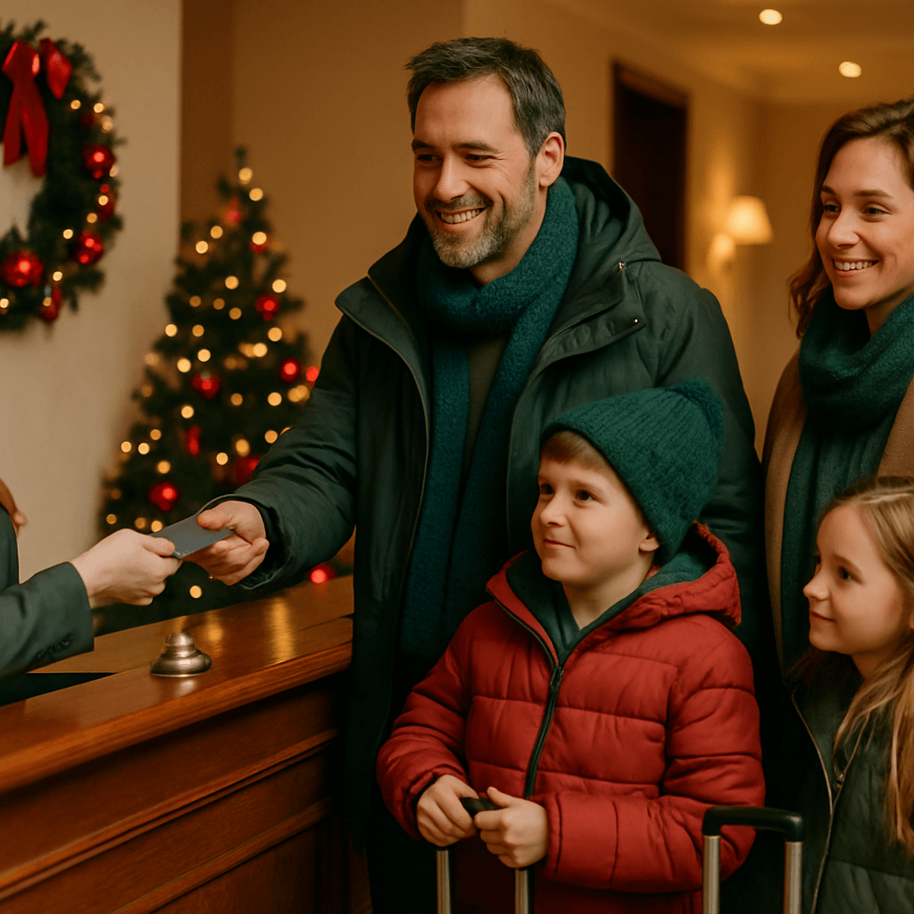 Vlaams gezin bezoekt kerstmarkt in het VK bij avondlicht met feestelijke verlichting