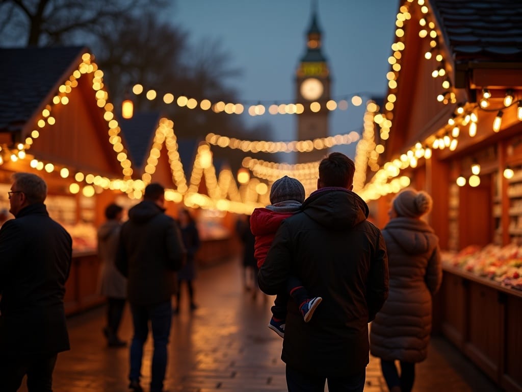 Vlaamse familie bezoekt Britse kerstmarkt onder feestverlichting