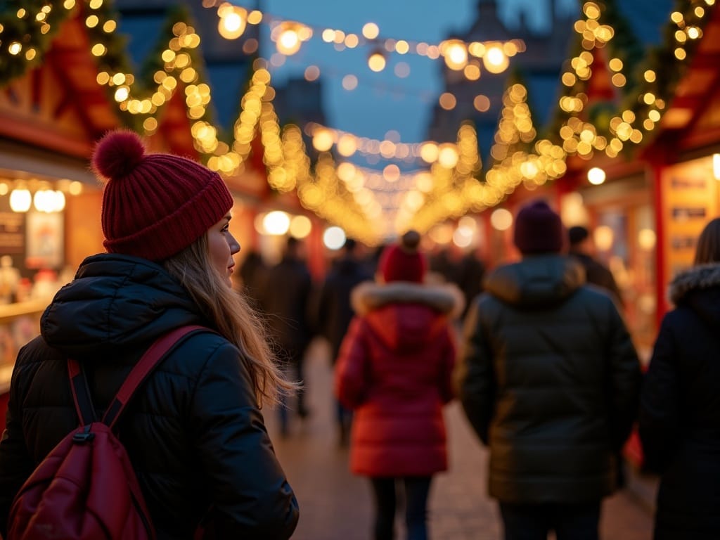 Vlaamse familie geniet van kerstmarkt in het VK bij avondlicht met feestverlichting