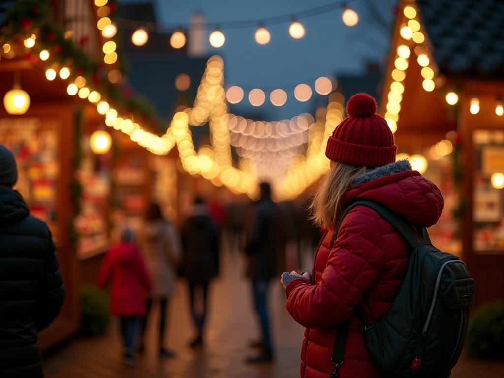 Gezin bezoekt Britse kerstmarkt met verlichting en feestdecoratie
