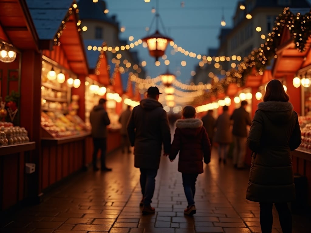 Gezin bezoekt kerstmarkt in het Verenigd Koninkrijk bij avondlicht