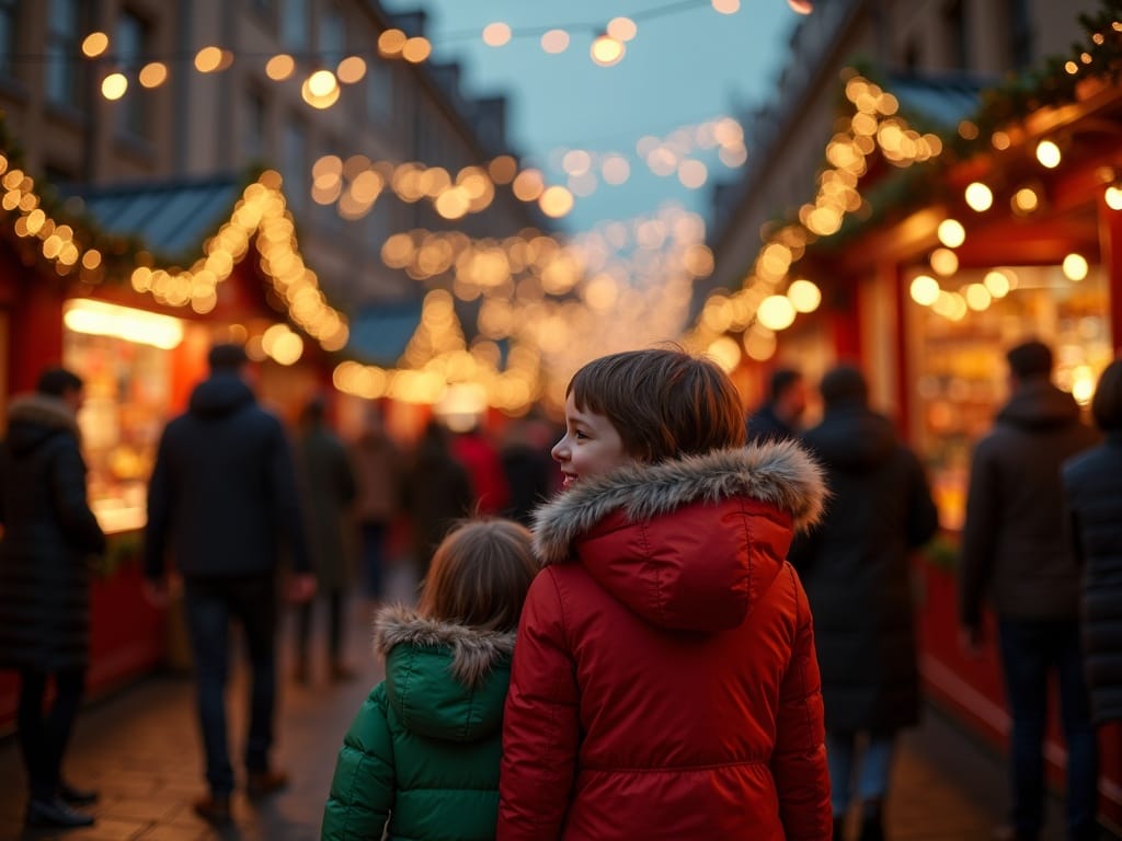 Vlaamse familie bezoekt een kerstmarkt in het Verenigd Koninkrijk bij avondlicht