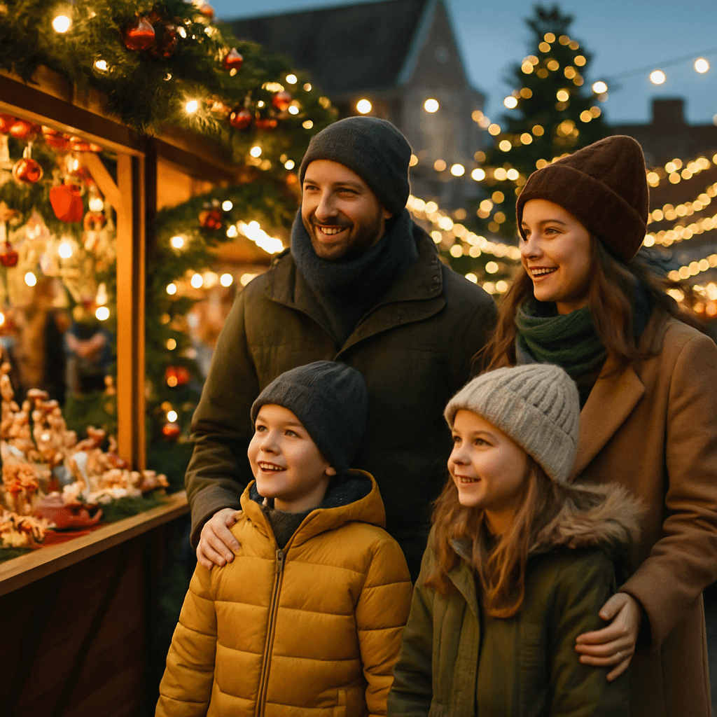 Vlaamse familie verkent een sfeervolle kerstmarkt in het VK met avondverlichting