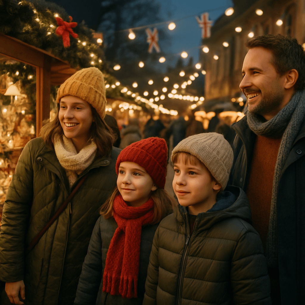 Vlaamse familie bezoekt kerstmarkt in het VK bij avondlicht en feestversiering