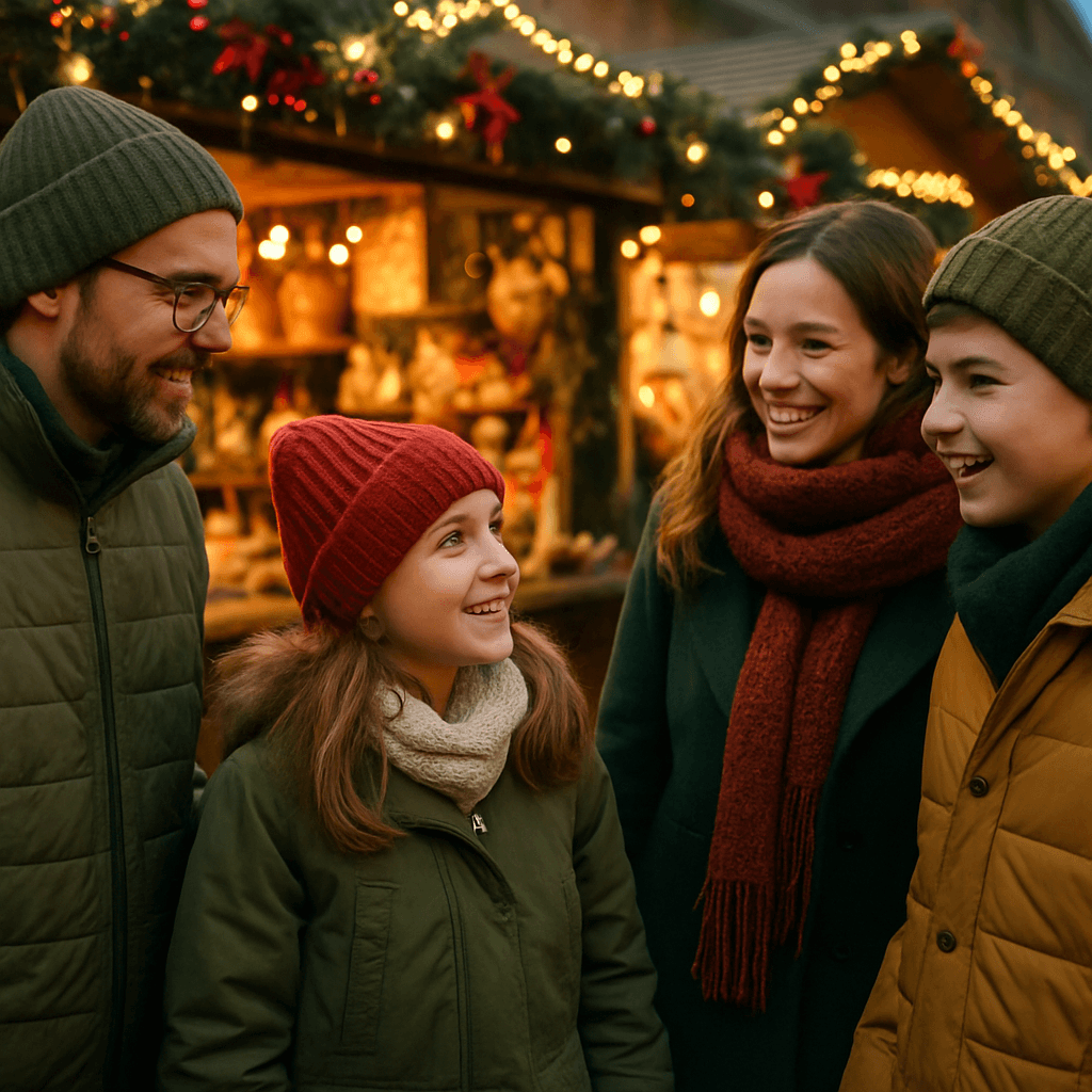 Vlaamse familie bezoekt kerstmarkt in VK bij avondlicht met feestverlichting