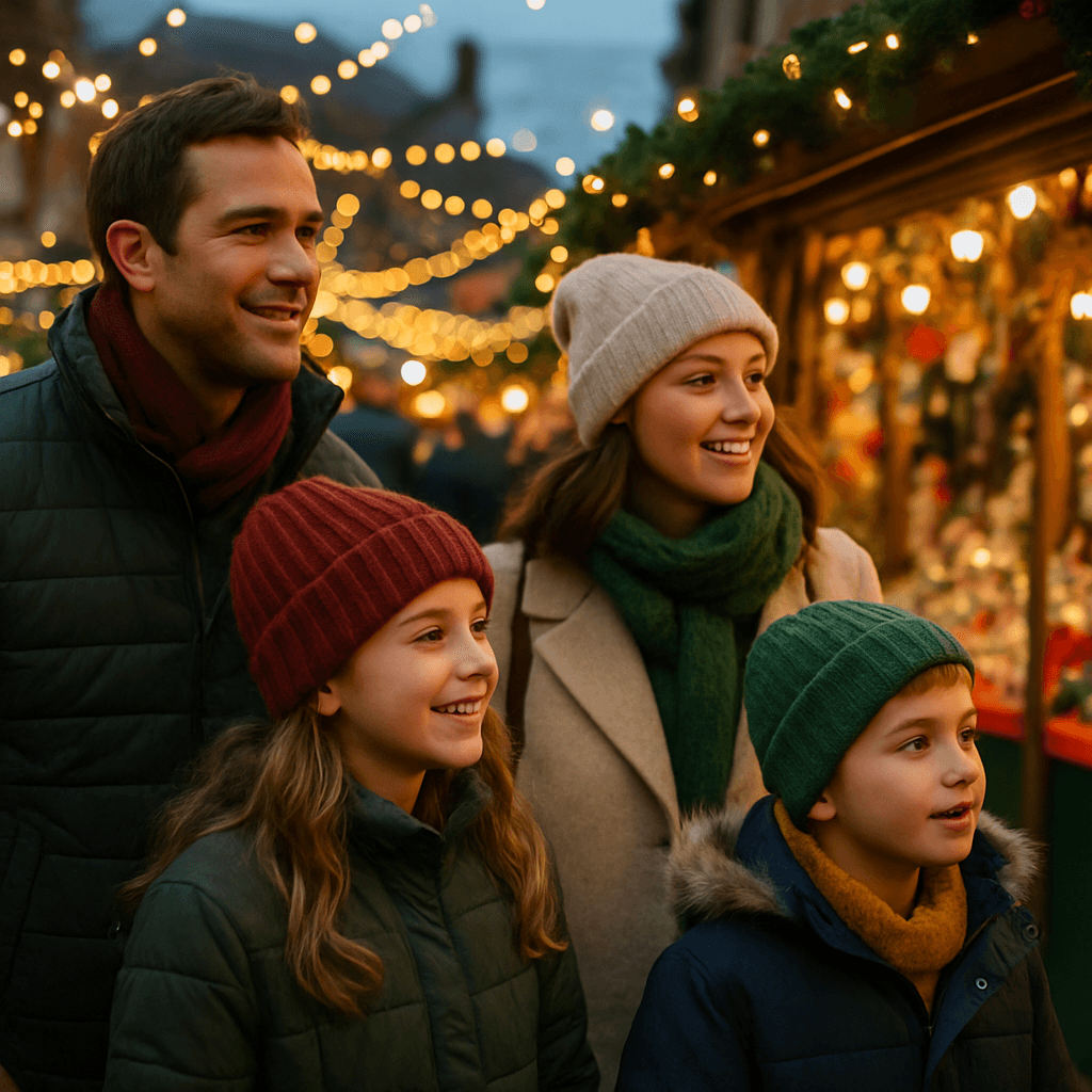 Vlaamse familie bezoekt UK kerstmarkt met lichtjes en kraampjes in de avond
