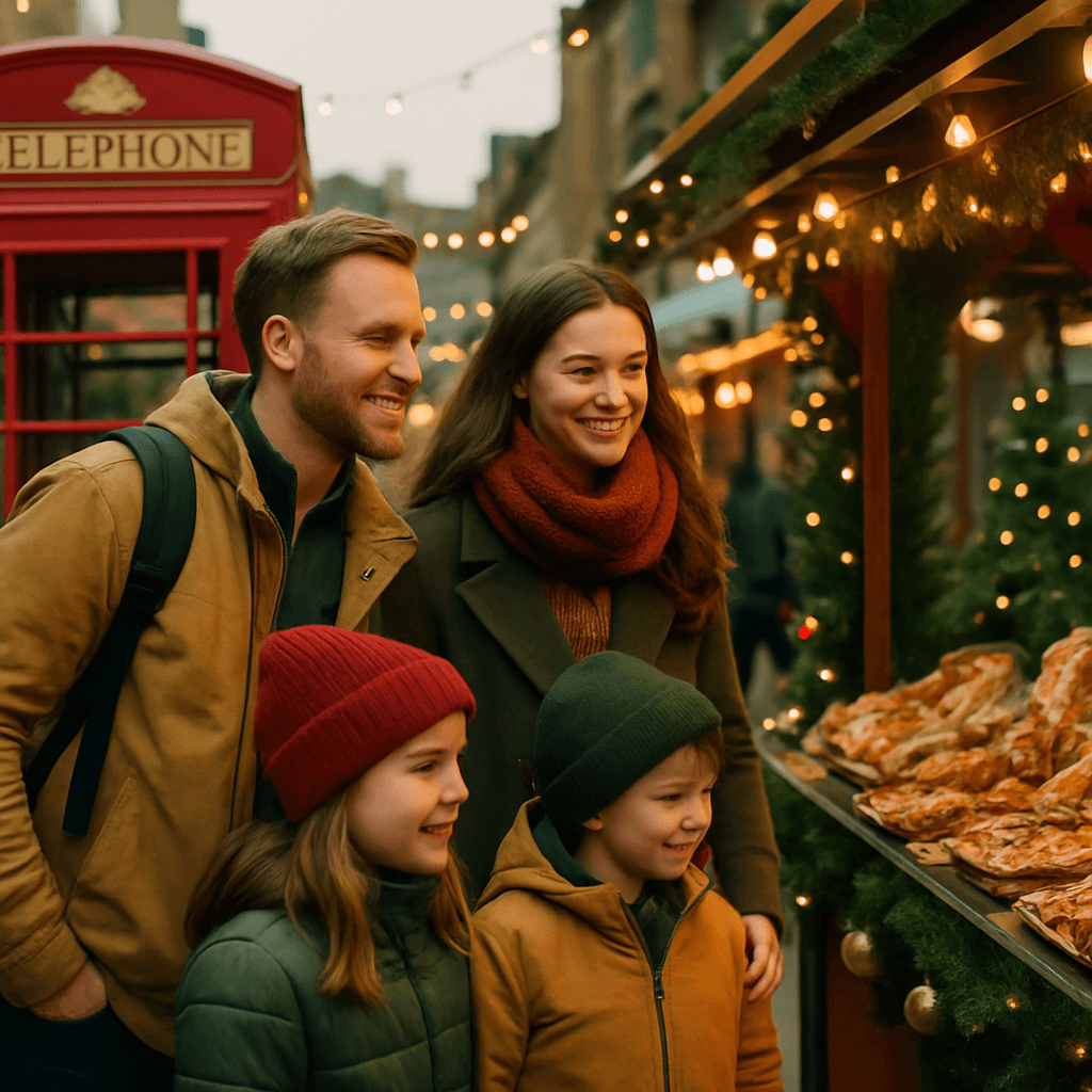 Vlaams gezin wandelt langs feestelijk verlichte kerstmarkt in het VK