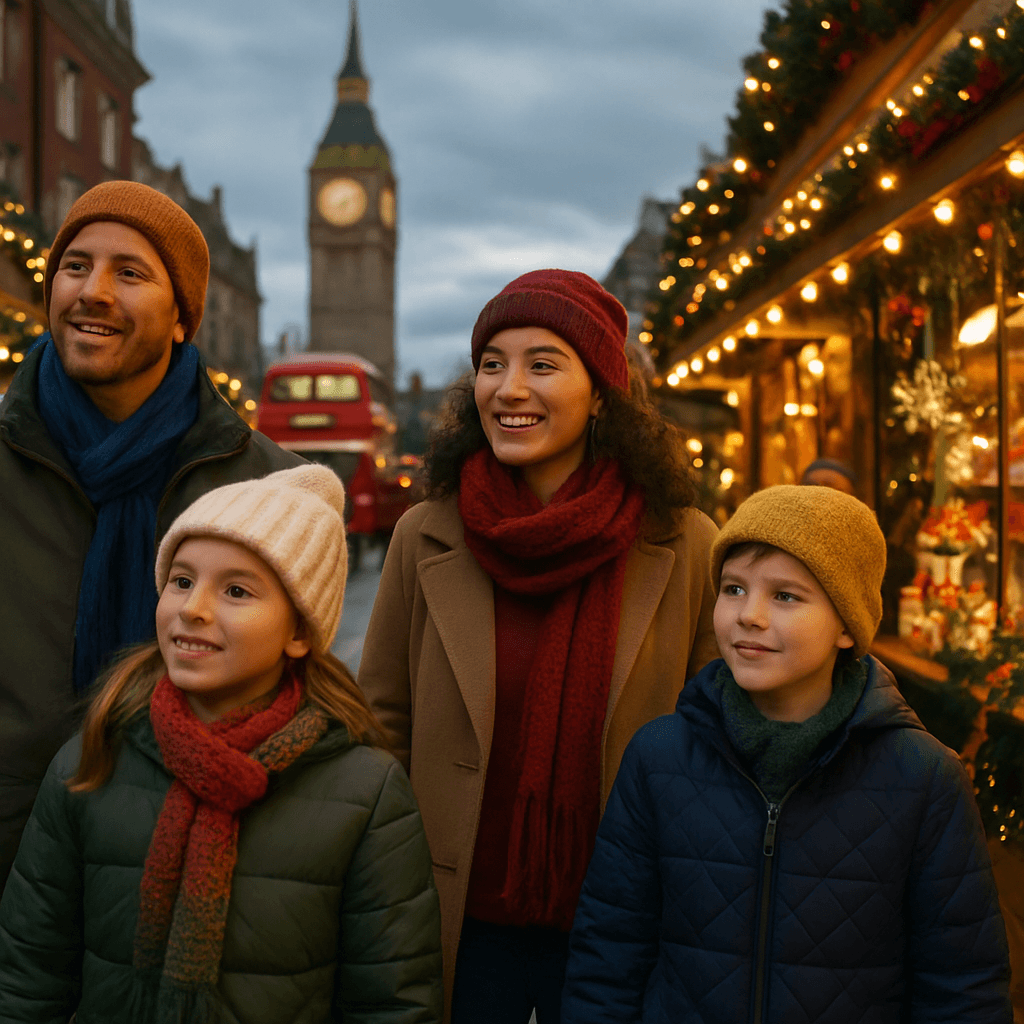 Vlaams gezin bezoekt Britse kerstmarkt met lichtjes en kraampjes