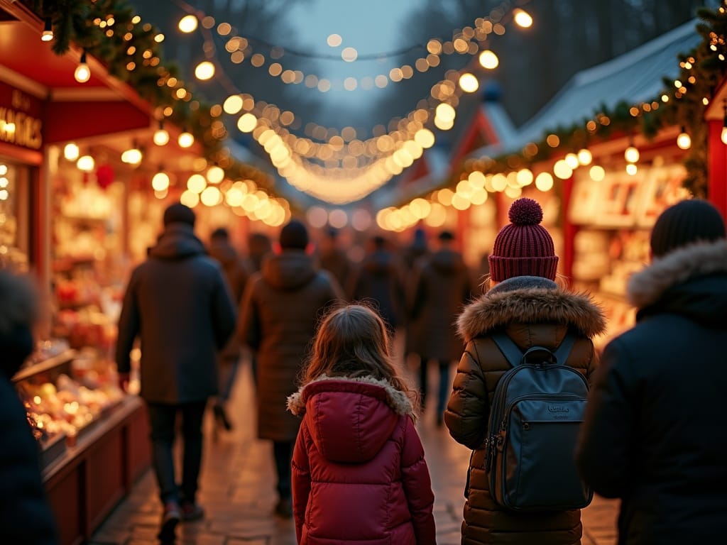 Vlaams gezin wandelt tussen kraampjes op sfeervolle Britse kerstmarkt met lichtjes