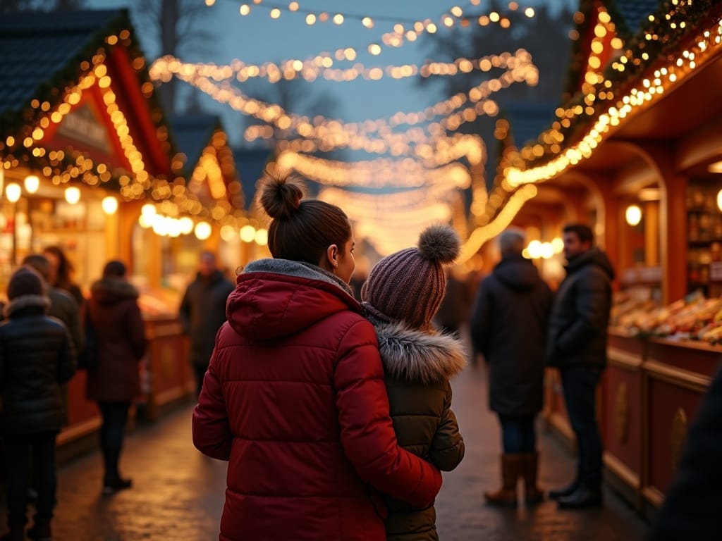 Vlaams gezin geniet van de sfeer op een Britse kerstmarkt met feestverlichting
