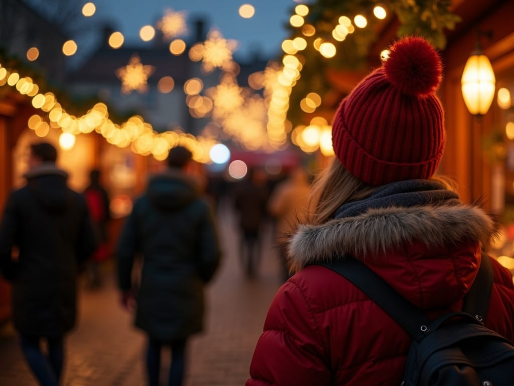Vlaams gezin bezoekt 's avonds een kerstmarkt in het VK met feestverlichting en kraampjes