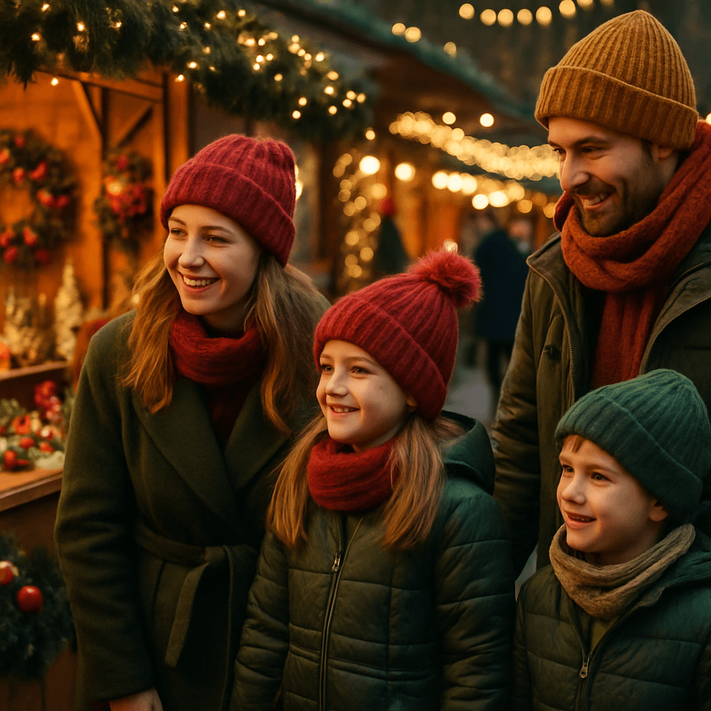 Vlaamse familie wandelt over Britse kerstmarkt met lichtjes ‘s avonds