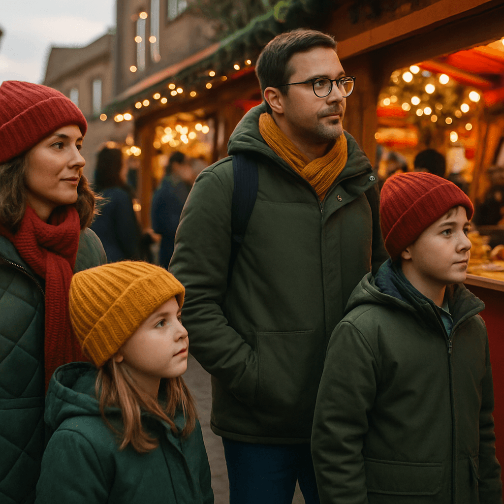 Vlaamse familie geniet van avond op Britse kerstmarkt met lichtjes en kraampjes