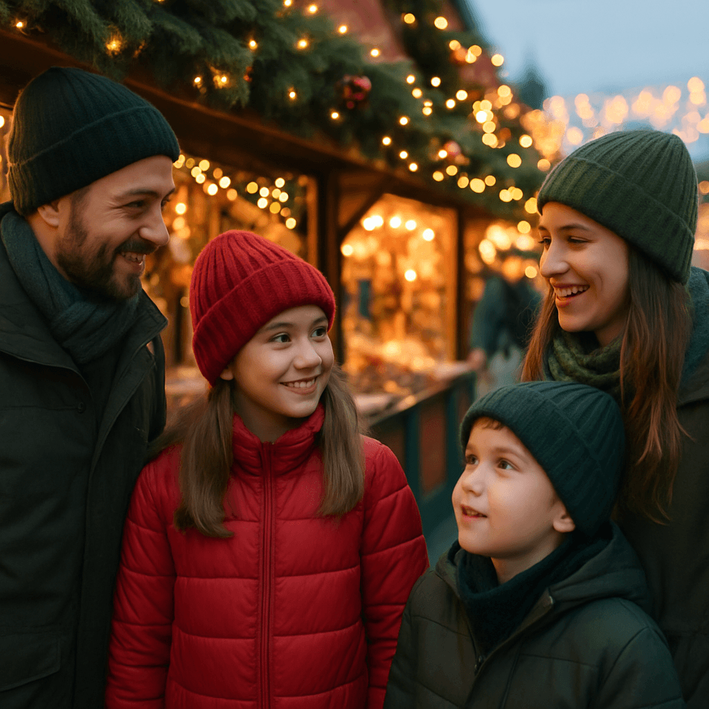 Vlaamse familie geniet van Britse kerstmarkt met lichtjes in de avond