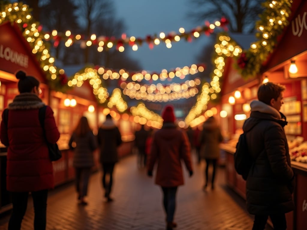 Vlaamse familie geniet van Britse kerstmarkt bij avondlicht met feestelijke versiering