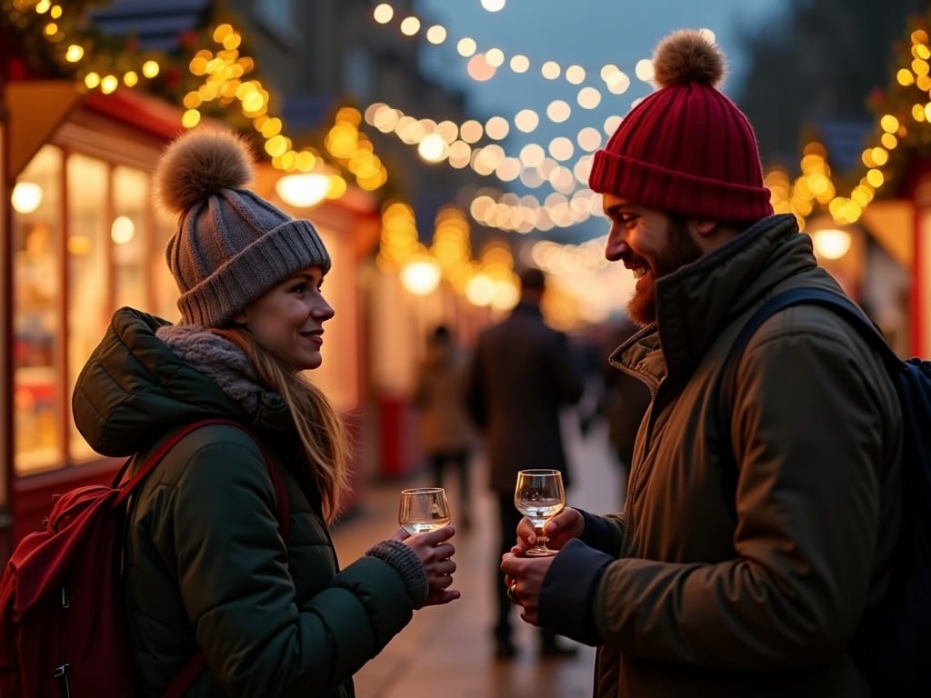 Vlaamse familie geniet van kerstmarkt bij avondlicht in Londen