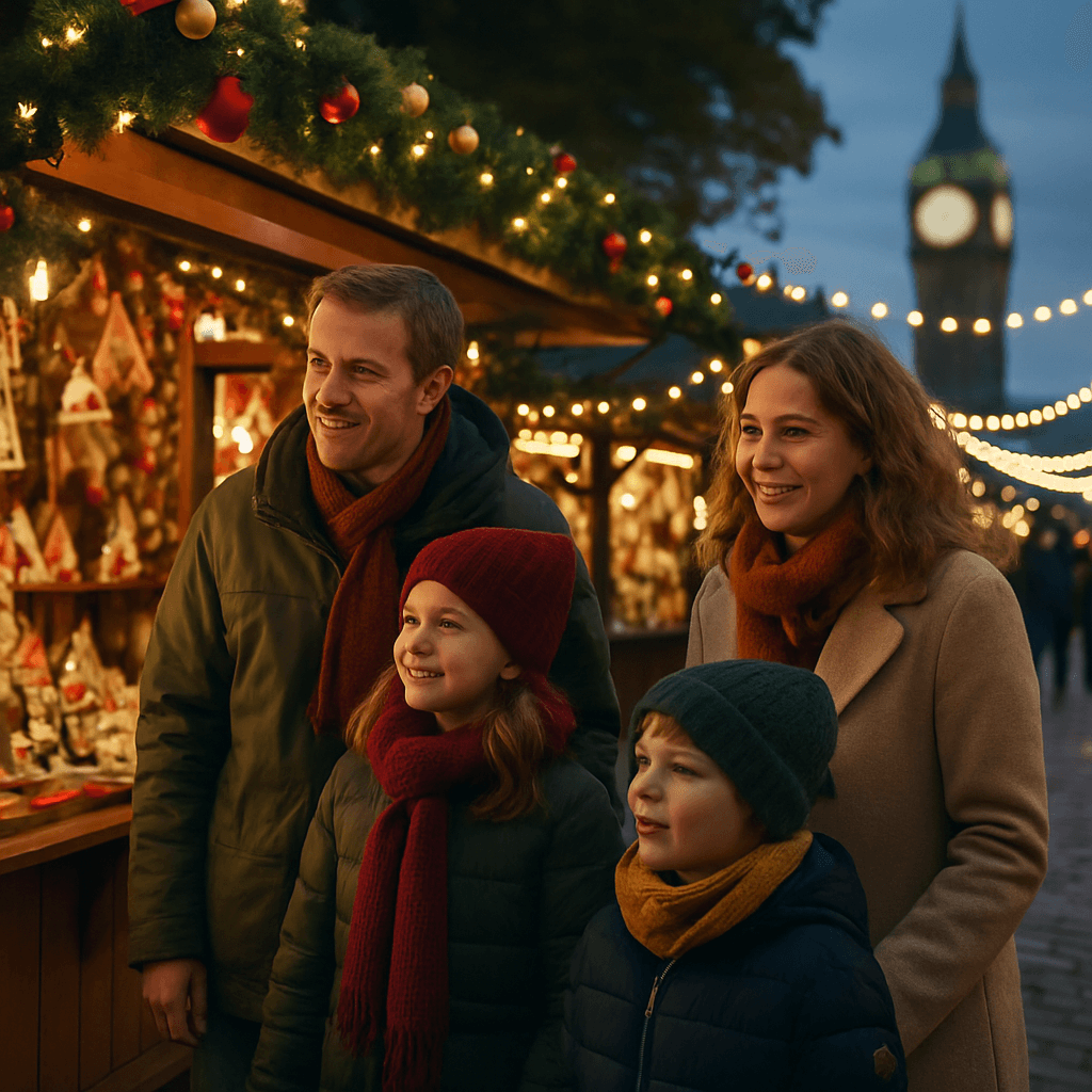 Vlaamse familie bezoekt een Britse kerstmarkt met lichtjes en kraampjes in de avond