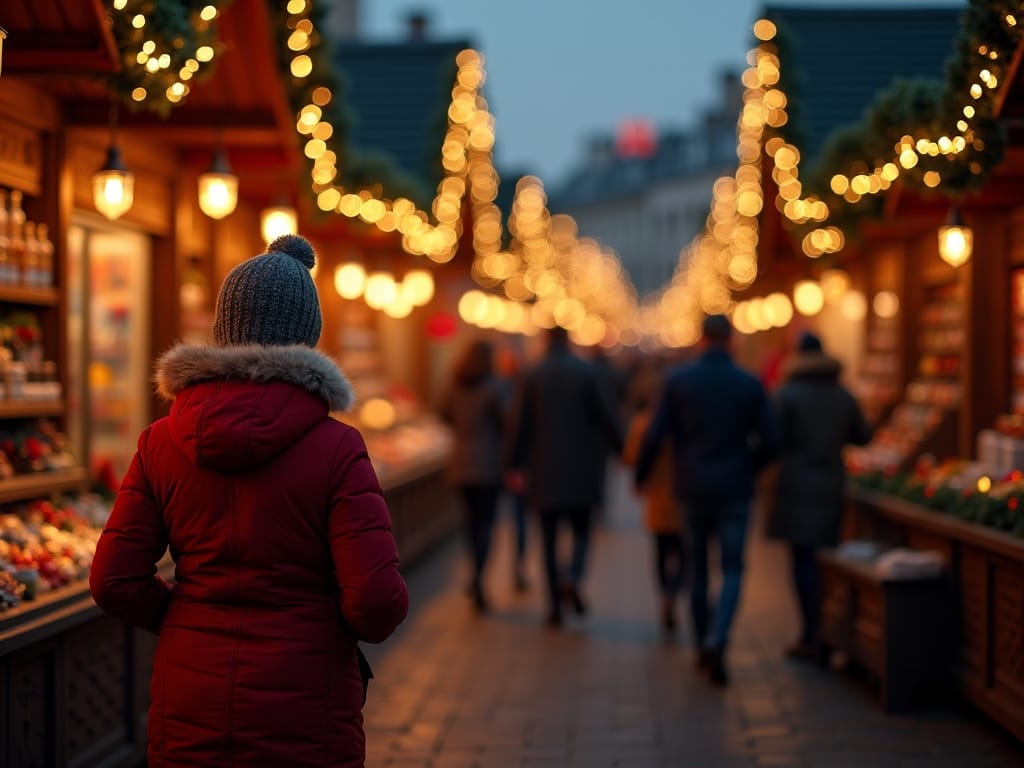 Vlaamse familie bezoekt 's avonds een kerstmarkt in het VK met feestverlichting en kraampjes
