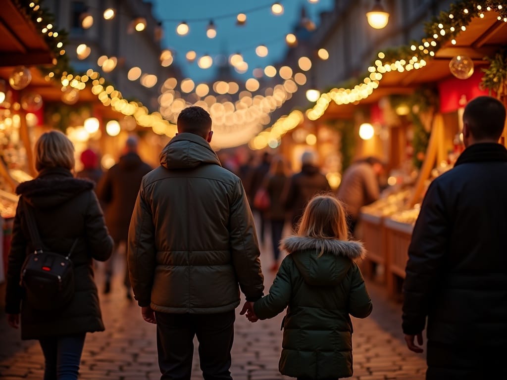 Vlaamse familie bezoekt Britse kerstmarkt vol lichtjes in de avond