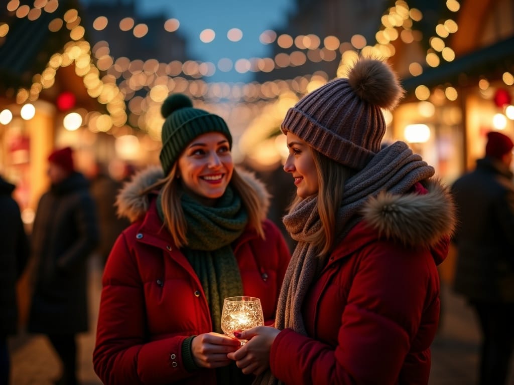 Vlaamse familie bezoekt 's avonds een Britse kerstmarkt vol lichtjes