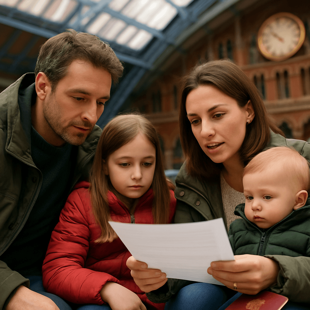 Vlaamse familie bezoekt 's avonds een kerstmarkt in het VK met feestelijke verlichting