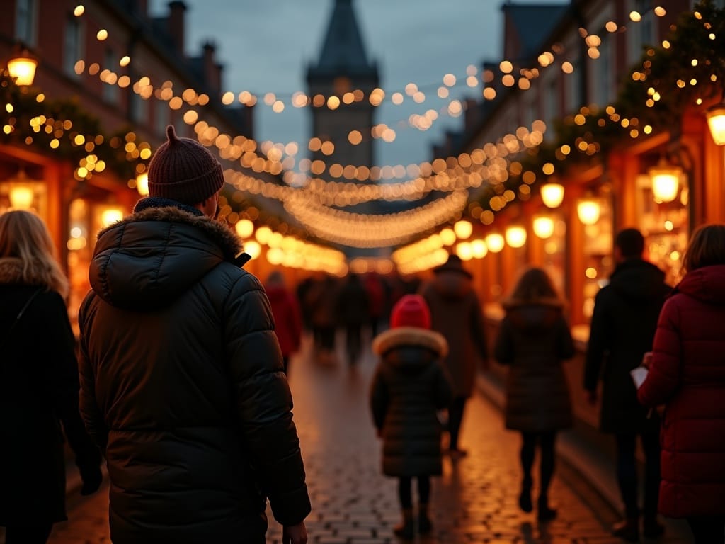 Vlaamse familie bezoekt een avond kerstmarkt in het VK met lichtjes en feestelijke decoraties