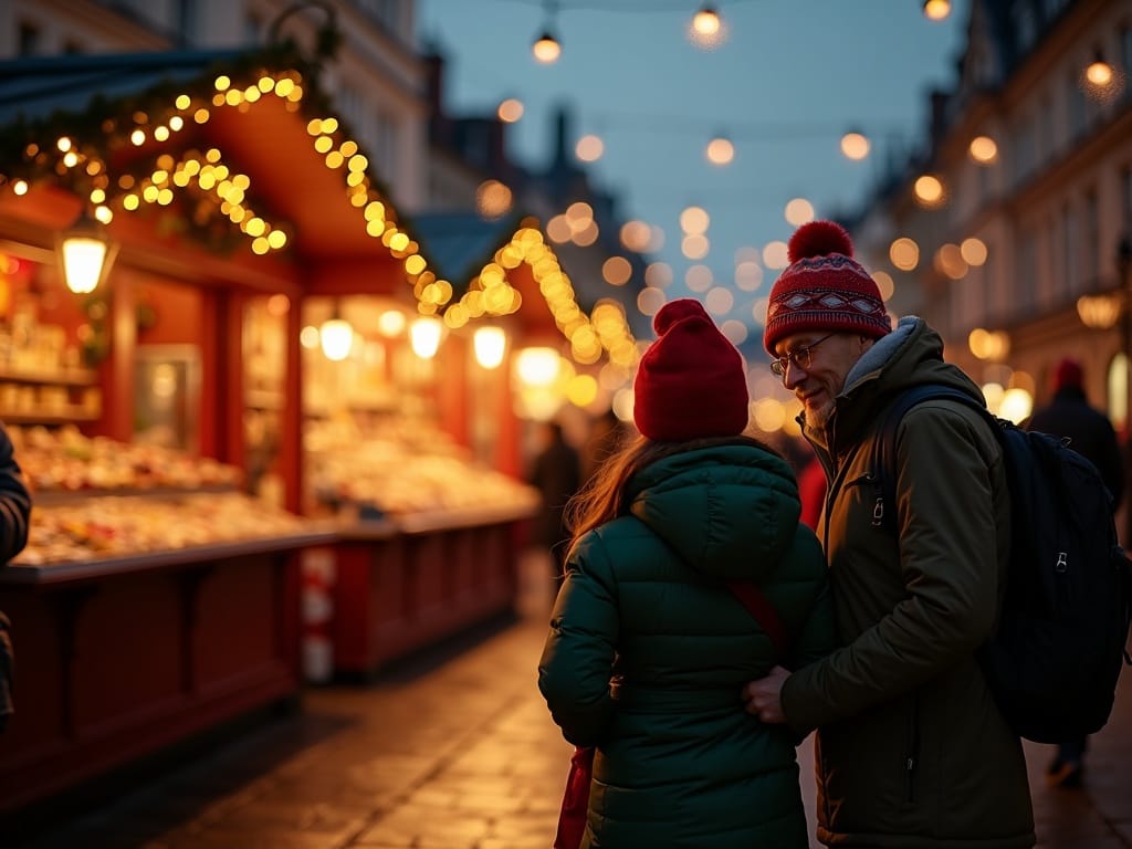 Vlaamse familie wandelt op een Britse kerstmarkt met avondverlichting en feestelijke sfeer