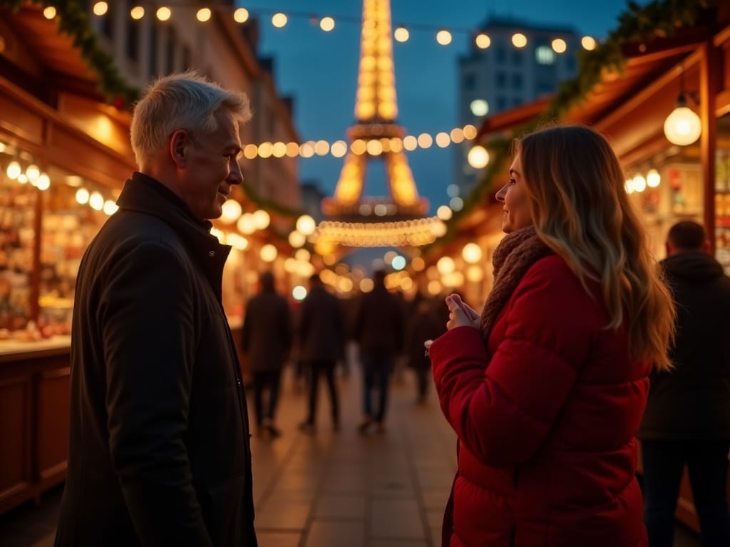 Vlaamse familie geniet van een avond op een Britse kerstmarkt met feestverlichting