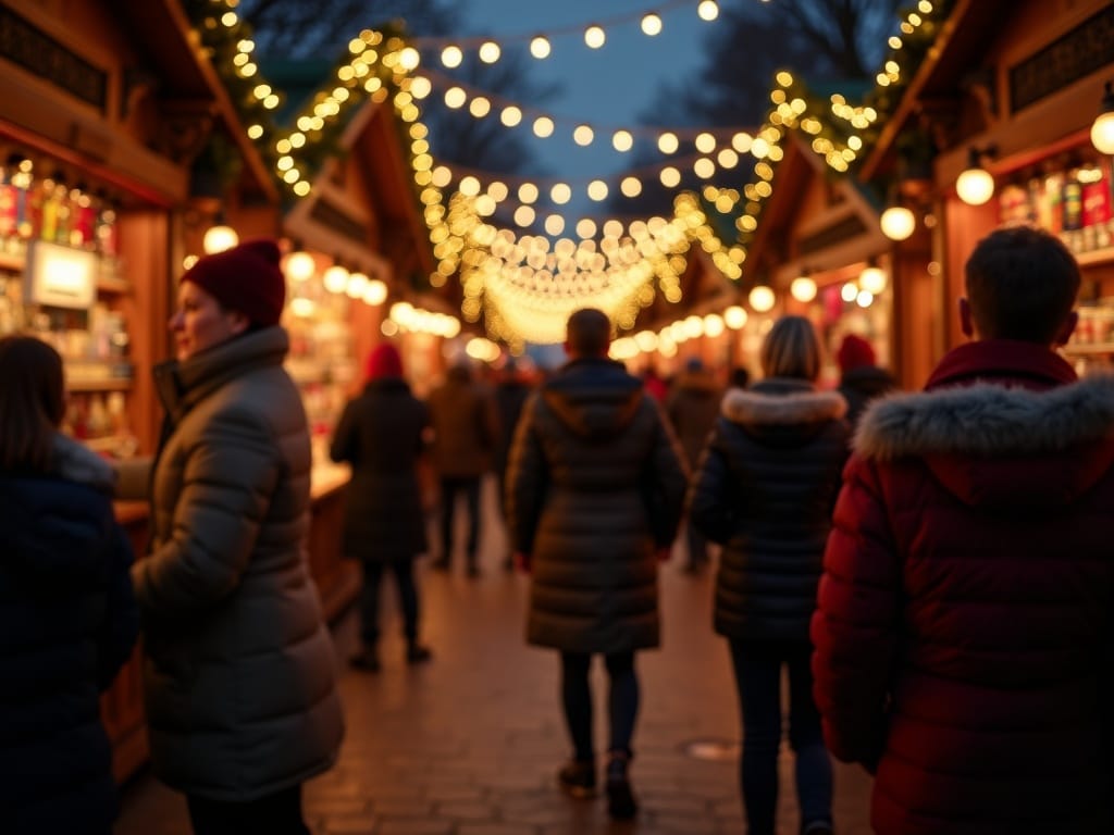 Vlaamse familie geniet van avond op een Britse kerstmarkt met feestverlichting