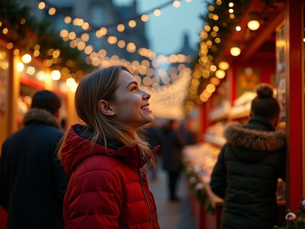 Gezin op kerstmarkt in Londen bij avondlicht met feestelijke rode, groene en gouden verlichting