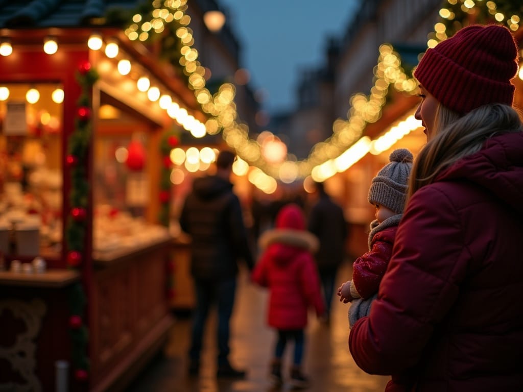 Vlaamse familie bezoekt Britse kerstmarkt bij avond met feestverlichting