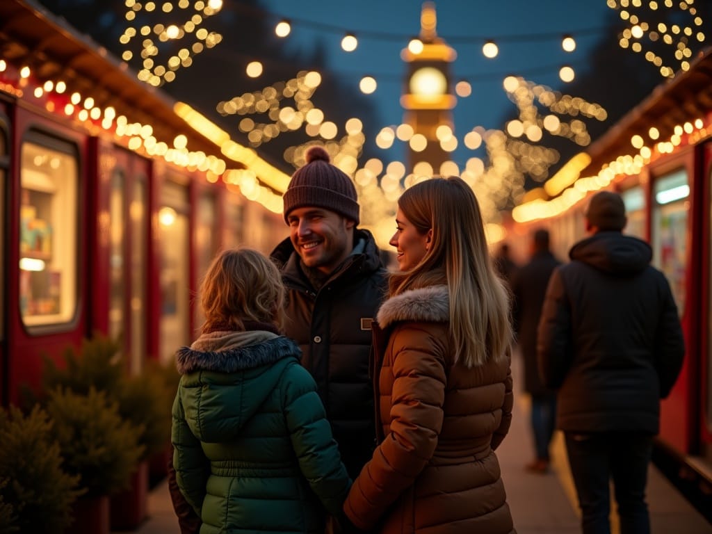 Vlaamse familie geniet van kerstverlichting op Londense markt in de avond