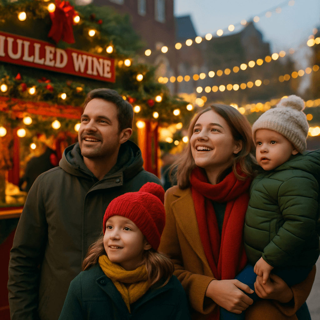 Belgisch gezin geniet van kerstsfeer op avondmarkt in het Verenigd Koninkrijk