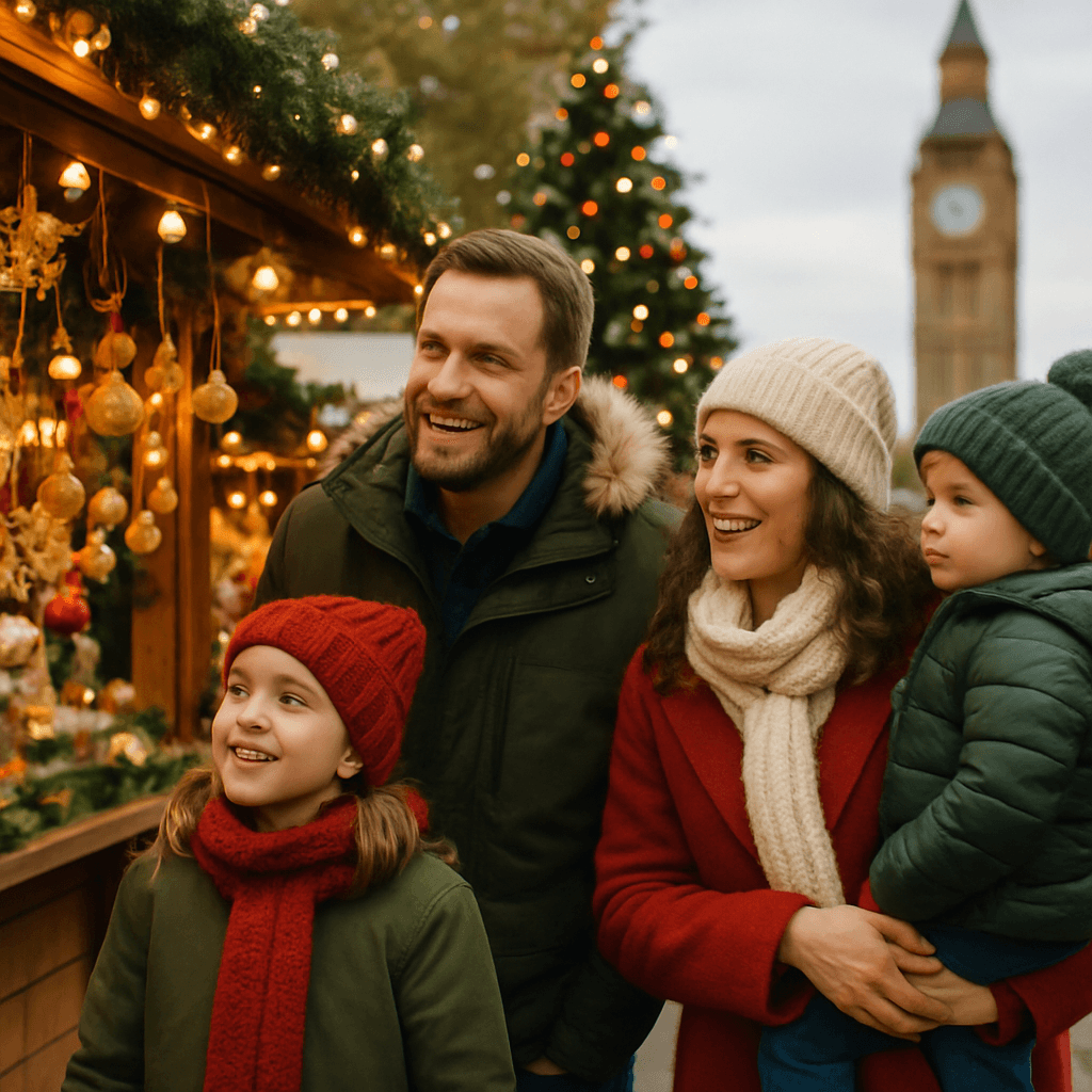 Belgisch gezin bezoekt 's avonds een Britse kerstmarkt met lichtjes en kraampjes
