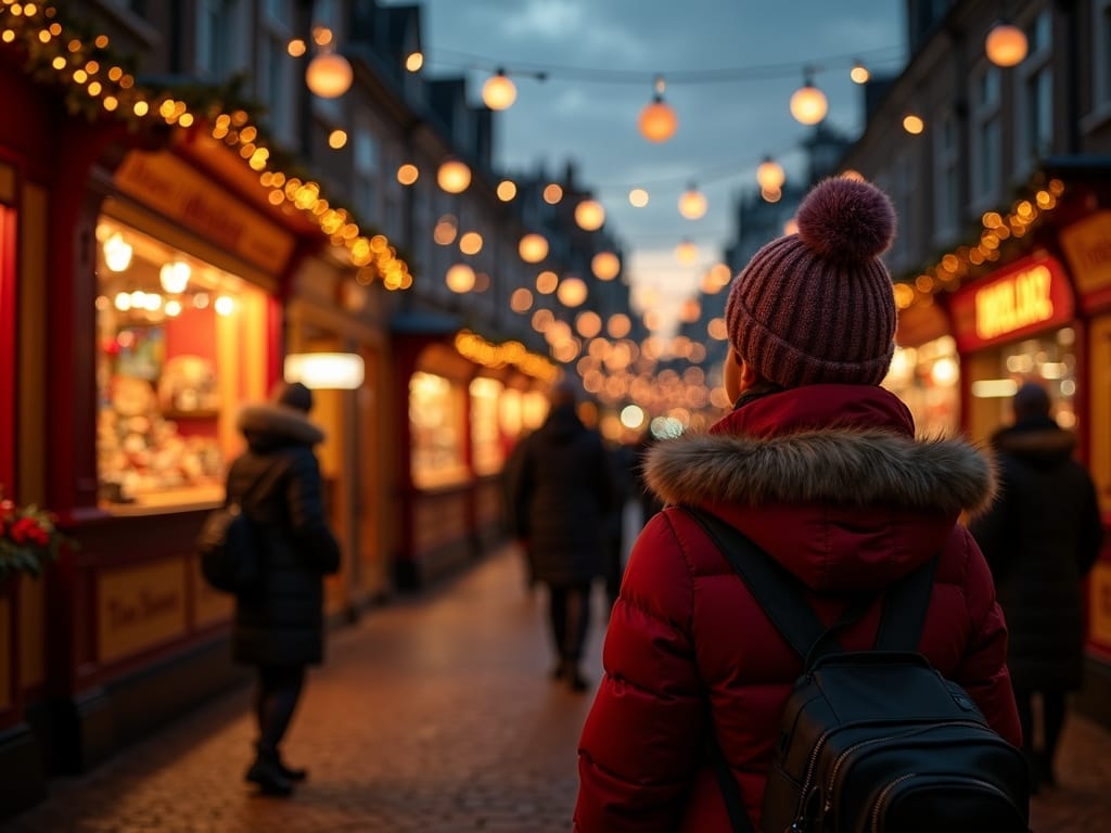 Gezin bezoekt een Britse kerstmarkt bij avond met feestverlichting