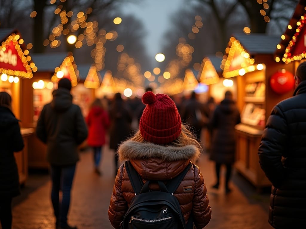 Gezin bezoekt kerstmarkt in Londen met feestverlichting en kraampjes