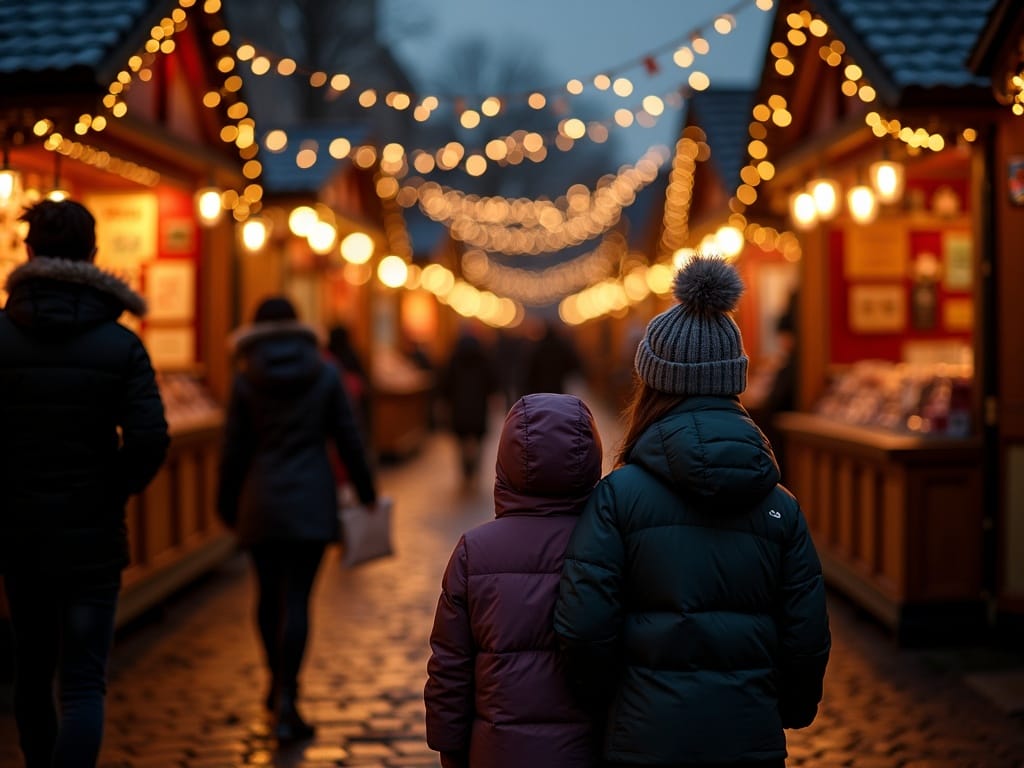 Gezin geniet samen van kerstmarkt in Londen met feestelijke verlichting