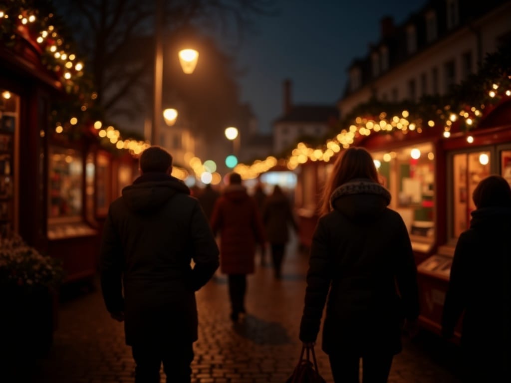 Vlaams gezin bezoekt kerstmarkt in het VK met feestverlichting en winterkledij