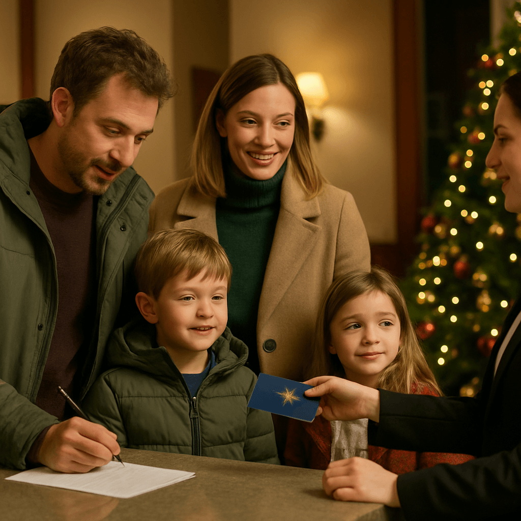 Vlaams gezin bezoekt een sfeervolle kerstmarkt in het VK met avondverlichting