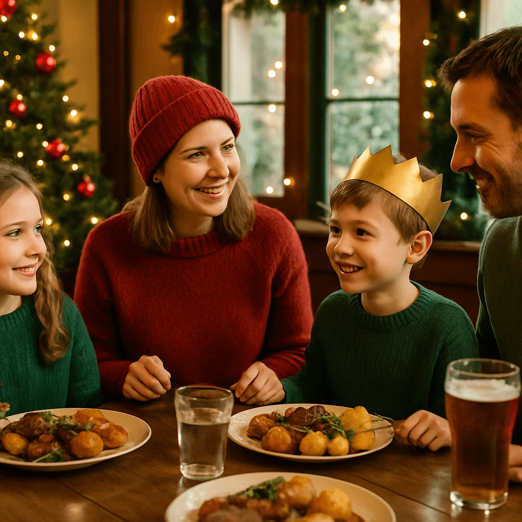 Vlaamse familie geniet van kerstmarkt in VK met avondlichten en kraampjes