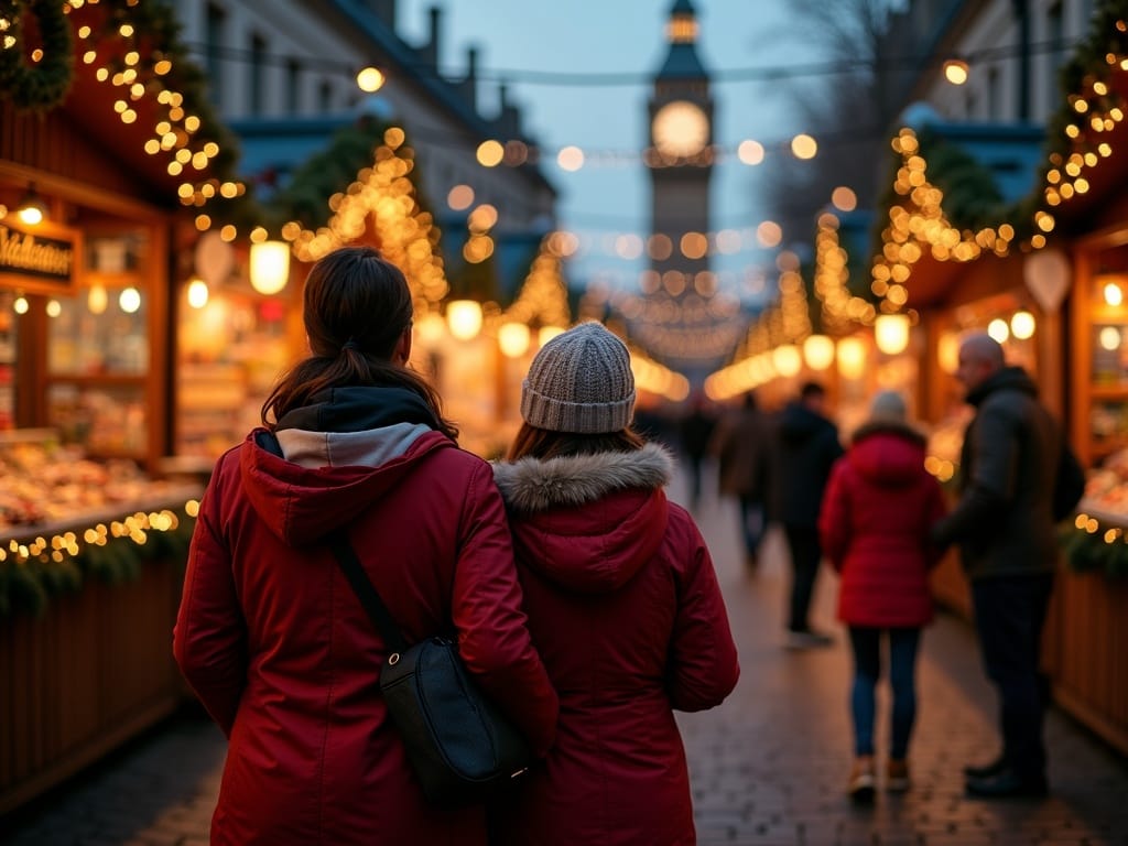 Vlaamse familie bezoekt kerstmarkt in Londen bij avondverlichting
