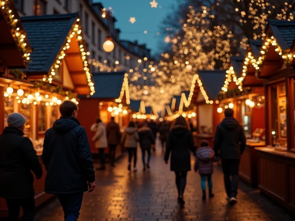 Vlaamse familie bezoekt Engelse kerstmarkt met feestverlichting in de avond