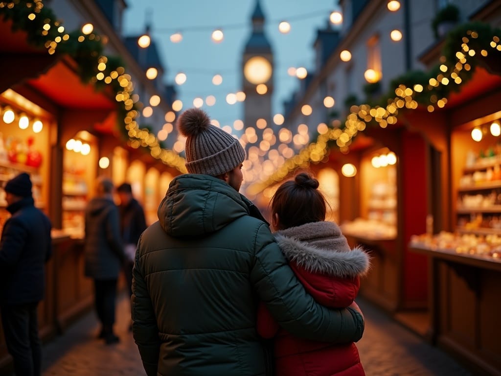 Vlaamse familie geniet van avond op kerstmarkt in het Verenigd Koninkrijk met feestverlichting