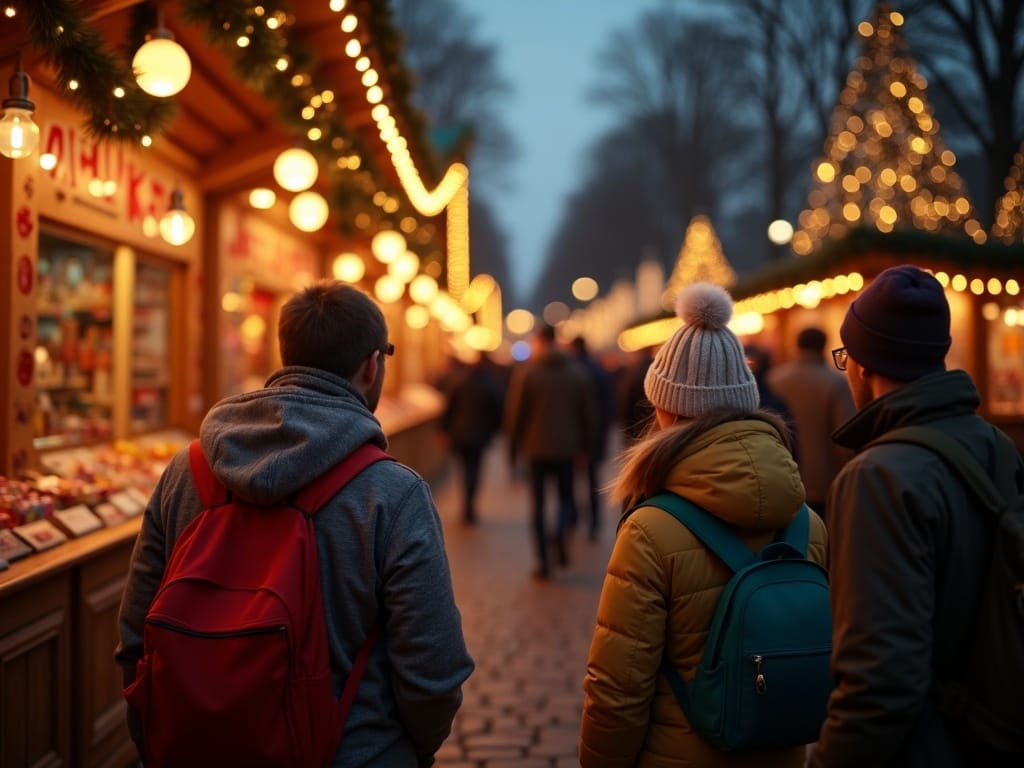 Vlaamse familie bezoekt kerstmarkt in het VK bij avondlicht